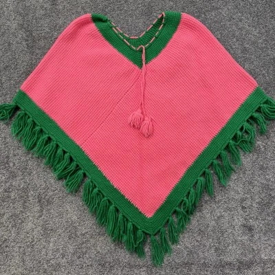 Poncho Womens One Size Pink Green Crochet Handknit Sweater Fringe Knitted - Image 1 of 4