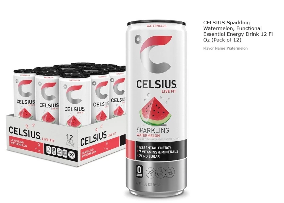 Celsius Sparkling Watermelon Fitness Drink Zero Sugar 12oz. Slim Can 12