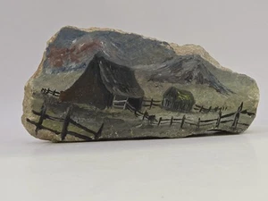 Vintage Hand Painted Stone Art Farmhouse & Barn Mountains Unsigned 5" x 2 3/8" - Picture 1 of 8