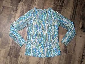 Ibkul Long Sleeve Crew Neck Top with Mesh Blue Green Print Cooling UPF Size XS - Picture 1 of 9