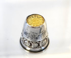 Antique Y830s Sterling Silver Thimble Yellow Gold Color Glass Jewel Top Floral