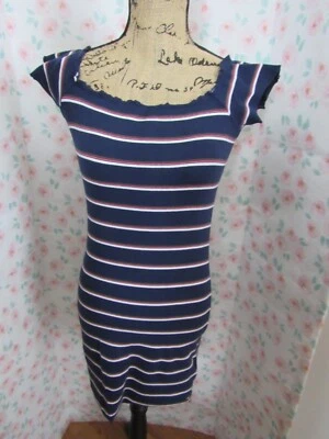 GUESS, JUNIOR'S NAVY BLUE/RED COTTON BL CAPPED SLEEVED STRIPED PENCIL DRESS SZ M - Image 1 of 4
