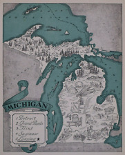 Old 1931 Pictorial Map ~ MICHIGAN - LAKE SUPERIOR by P.S. JOHST ~ Free S&H
