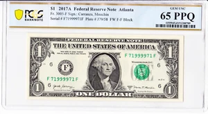 2017A $1 FRN Atlanta Fr.3005-F PCGS 65 PPQ Fancy Serial F71999971F Radar Solid 9 - Picture 1 of 2