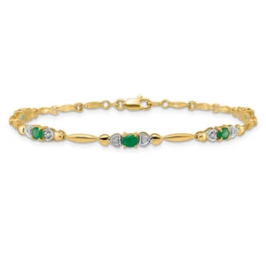 14K Solid Yellow Gold Diamond Emerald Tennis Bracelet - Picture 1 of 12