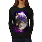 Wellcoda Moon Animal Wolf Damski t-shirt z długim rękawem, twarz zwierzęca Rekreacyjny design
