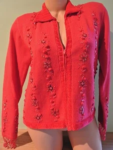 Berek rot Perlen Pullover verziert Glitzer Sterne Schneeflocken Damen klein Weihnachten - Bild 1 von 7