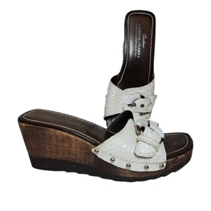 Donald Pliner Wooden Wedge Sandals Womens 7 Creamy White Leather Clogs Italy - Picture 1 of 15