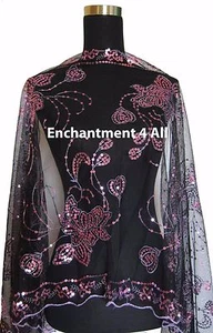 Elegant Oblong Lace Floral Art Scarf Wrap w/ Sequins & Fringes, Black/Purple - Picture 1 of 5