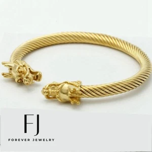 Mens Stainless Steel.Double Dragon Cuff Cable Bracelet Smooth Gold plated*Box - Picture 1 of 3
