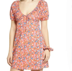 WAYF Summer Dress Womens Sz XL Orange Blue Floral Puff Short Sleeve V Neck - Picture 1 of 11