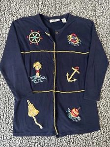 Chaus Sport Shirt Small Blue Sailor Anchor Buttons Embroidered 90s Vintage - Picture 1 of 14