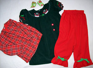 GIRL 3T: LOVELY ~ANAVINI~ GREEN & RED SMOCKED DRESS + BLOOMERS & PLAID TOP + BOW