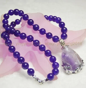 8mm Natural Purple Amethyst Round Gems Beads Teardrop Pendant Necklaces 25x35mm - Picture 1 of 7
