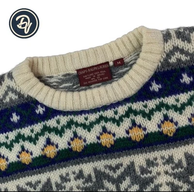 Nuevo Suéter De Colección M Chaps de Ralph Lauren Tejido Pesado Lana Natural Fair Isle Crew Foto 1 de 4