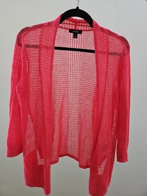 Alfani Vibrant Pink 50% Linen Cardigan Summer Sweater 3/4 Slv Open Crochet Sz S - Image 1 of 4