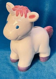 WHITE UNICORN BANK COINS MONEY STILL PIGGY SAVINGS PINK MANE BLUE EYES CERAMIC - Picture 1 of 12