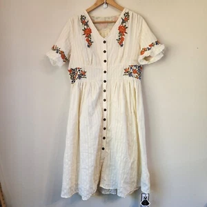 Retro Stage Embroidered Short Puff Slv MidiDress 2XL Button Vtg Inspire NWT - Picture 1 of 22