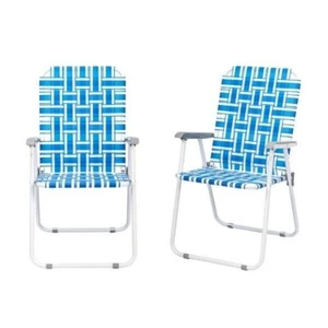 New 2-pcs Folding Beach Chair, Steel Tube PP Webbing Bearing, Blue & White Strip - Picture 1 of 14