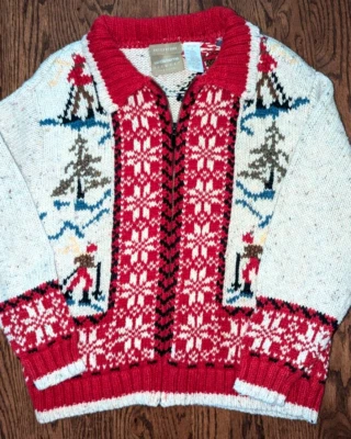 Liz Claiborne Vtg Fair Isle cardigan sweater Womens PS Skiers Trees hand knit - Image 1 of 4