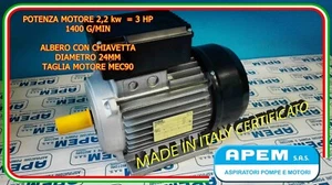 MOTORE ELETTRICO ITALIANO MONOFASE 2,2 KW 3 HP 1400 GIRI MEC90 - NO CINA!! V.230 - Picture 1 of 4