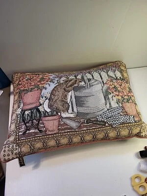 Vintage Needle Point Tapestry French Country Pillow Bunny With Watering Can - Image 1 of 4