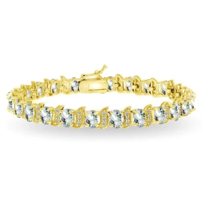 Теннисный браслет Gold Flash серебро 925 пробы аквамарин и белый топаз 6x4 мм овальный и S - Изображение 1 из 3