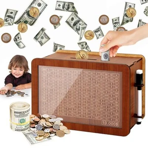 Large Cash Vault Wooden Savings Box Piggy Bank for Adults Kids Coin Money Sav... - Picture 1 of 6
