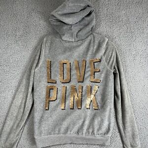 Victoria Secret PINK Bling Gold Sequins Velour Zip Hoodie Sherpa Lined Sz Small