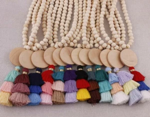 Collana Ciondolo Nappa Cotone Disco Legno Bianco Monogramma 10mm Catena Perline Legno - Foto 1 di 53