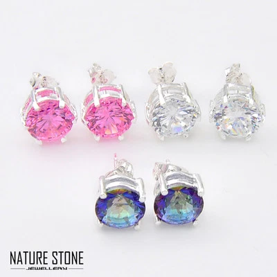 Encantadores conjuntos de aretes de plata con circón blanco topacio místico arco iris corte redondo Foto 1 de 4