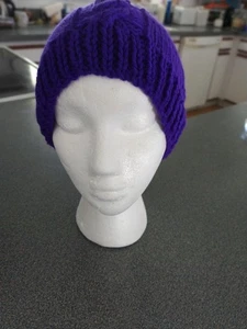 Ladies One Size Hand-Knit Cable Beanie - Purple - Picture 1 of 2