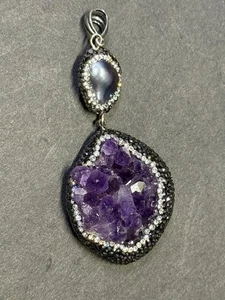 SEE VIDEO!,PREMIUM QUALITY AMETHYST PENDANT MOUNTED IN HEMATITE CRYSTALS,BRAZIL - Picture 1 of 13