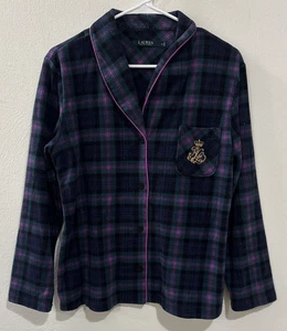 Lauren Ralph Lauren Women's Pajama Top Size M Plaid Button Front Crest Sleepwear - Picture 1 of 3