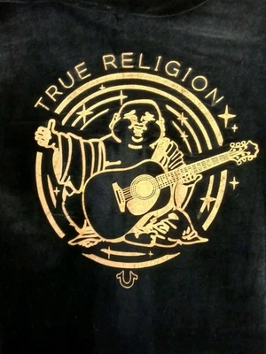 True Religion Women's Velour Classic Buddha Gold Foil Zip Hoodie M Dark Blue EUC - Image 1 of 4