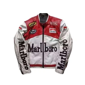 Marlboro Herren rot & weiß Motorrad Reitjacke echtes Rindsleder Lederjacke - Bild 1 von 7