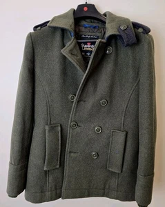 Superdry Men's Bridge Pea Coat Green Size Medium Wool Button Up Heavy Military - Bild 1 von 11