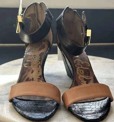 SAM EDELMAN Negro y Tostado Dorado Herrajes Correas de Tobillo Cuña Tacones de Verano Talla 7 Foto 1 de 4