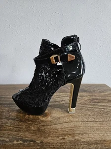 Womens 5.5/36 Black Lace Open Toe High Heel Ankle Shoes Straps Buckle Metallic - Picture 1 of 14
