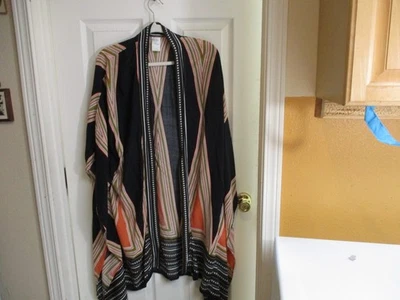 Black w Coral & Sage Green Geometric Diamond Shawl Open Kimono Duster Free Size - Image 1 of 4
