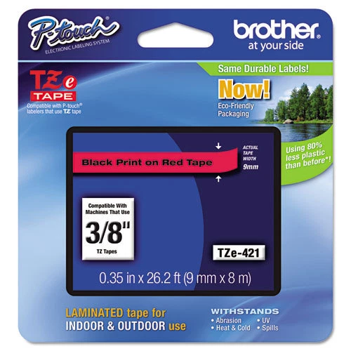 Brother Black on Red Label Tape - 0.35" Width x 26.20 ft Length Thermal