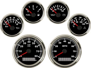 6 Gauge Set GPS 80MPH Speedometer Tacho Fuel Volts Oil Temp Red LED 12/24V Black - Picture 1 of 7
