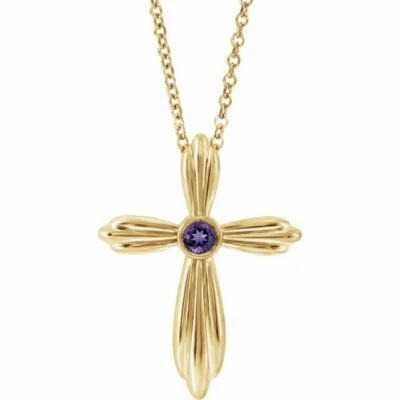 Amethyst Bezel-Set Cross 16-18" Necklace In 14K Yellow Gold - Image 1 of 2