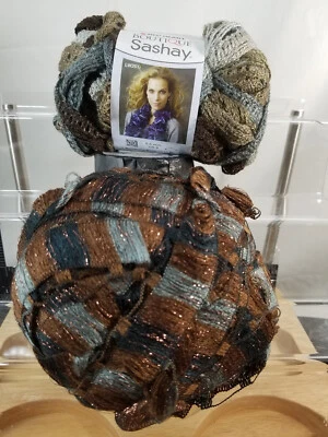 2 Red Heart BOUTIQUE SASHAY YARN Gray Brown “WALTZ” Metallic Ribbon Mesh & GOLDS - Image 1 of 4