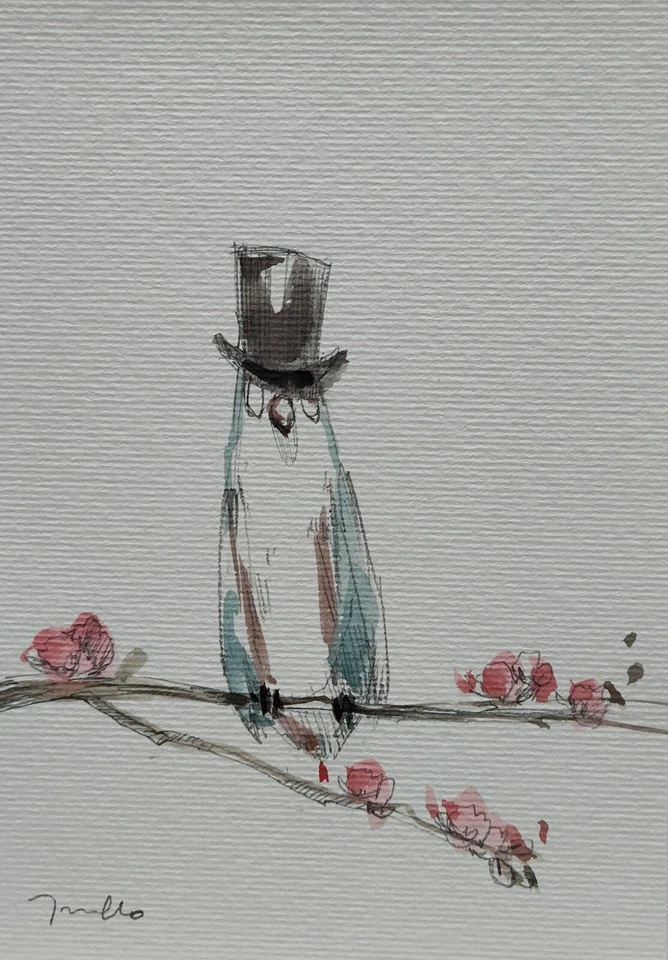 JOSE TRUJILLO Watercolor Painting Collectible ORIGINAL Top Hat Bird Art - Image 1 of 4