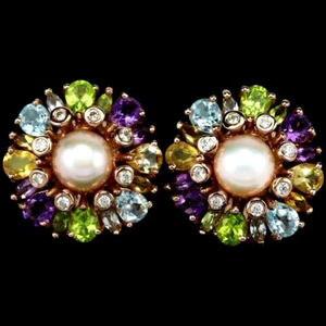 REAL PINK PEARL AMETHYST TOPAZ CITRINE PERIDOT CZ STERLING 925 SILVER EARRING - Picture 1 of 6