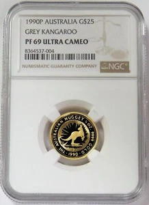 1990 P GOLD AUSTRALIA $25 GREY KANGAROO 1/4 OZ NGC PF 69 ULTRA CAMEO - Picture 1 of 2