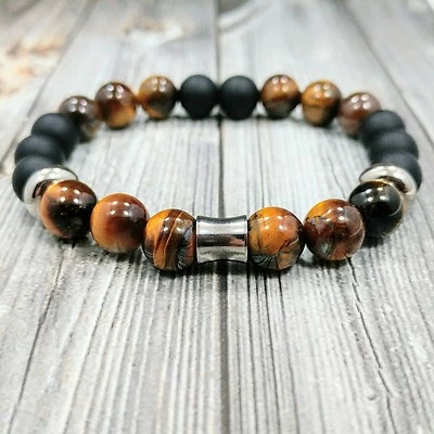 Pulsera de ACERO INOXIDABLE 8"L CADERA 10mm Ojo de Tigre + Piedras Preciosas Ónix Cuentas Para Hombre Foto 1 de 4