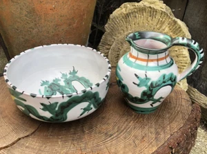 Vintage 1960/70's Tintagel dragon eye pottery jug & bowl set studio hand painted - Picture 1 of 12