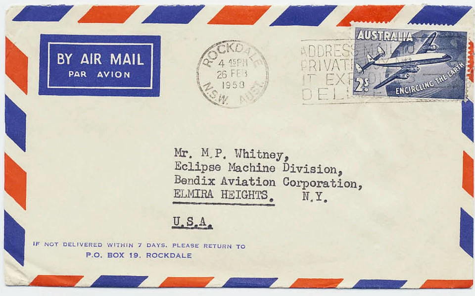 Cubierta de correo aéreo Australia 1950 # C8 solo uso Rockdale NSW a Nueva York EE. UU. % Foto 1 de 1